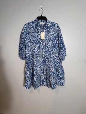 Elan Blue and White Printed Tiered Dress w pockets